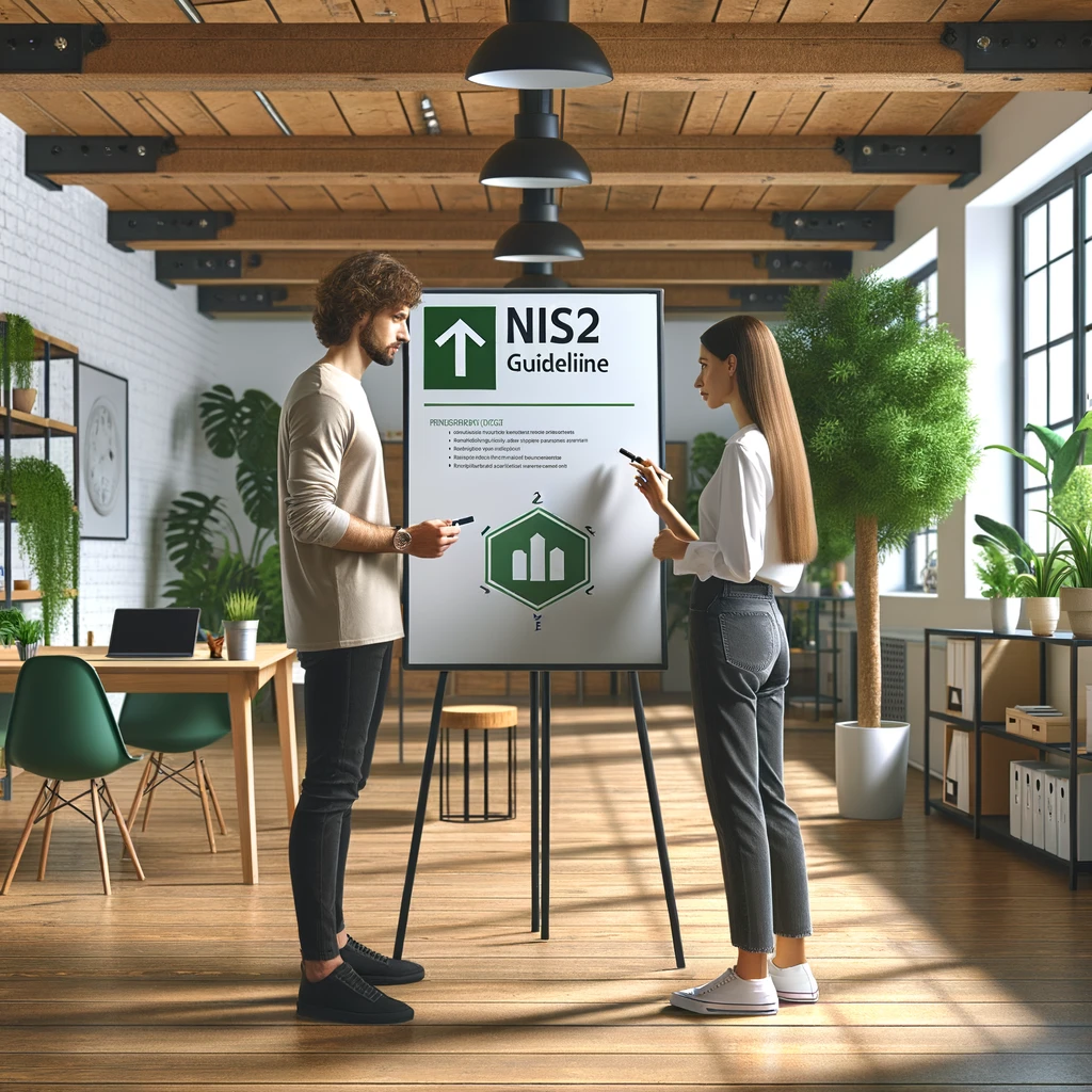 Ein Mann und eine Frau stehen for einem Flipchart mit der Überschrift NIS2 Guideline