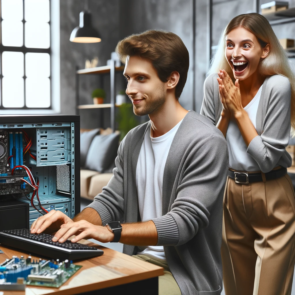 Kundin freut sich, dass der Techniker ihre Daten wiederherstellen konnte